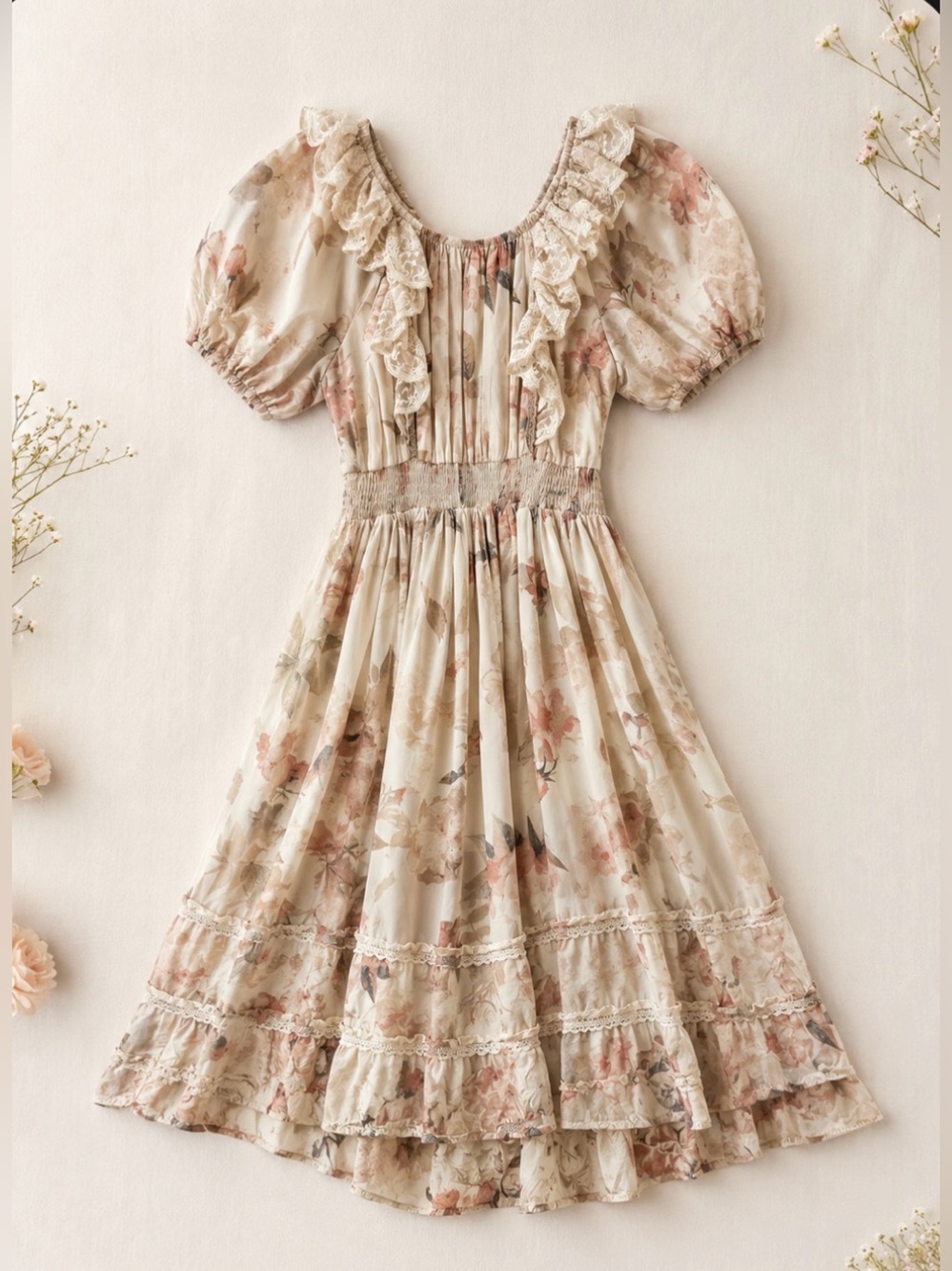 MIA Joy Floral Cream Ruffle Boho Cottage-core Puff Sleeves Event Midi Dress Sz 7